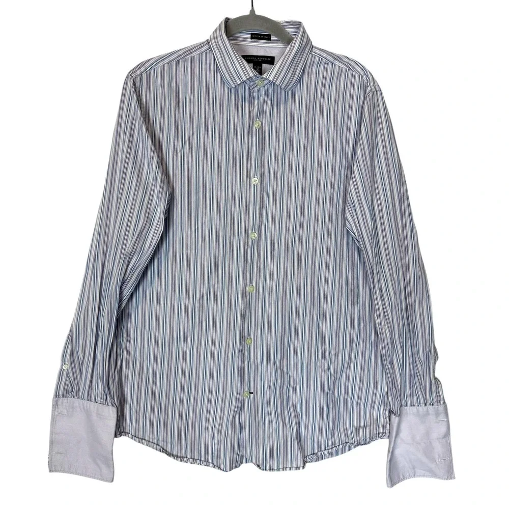 Banana Republic Dress Shirt Mens Medium 15.5 Blue Stripe‎ Slim Fit Button Down
